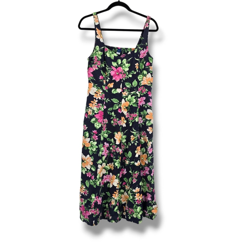 Old Navy Womens Floral Linen Blend Midi Sundress Navy Blue Pink Orange Size M